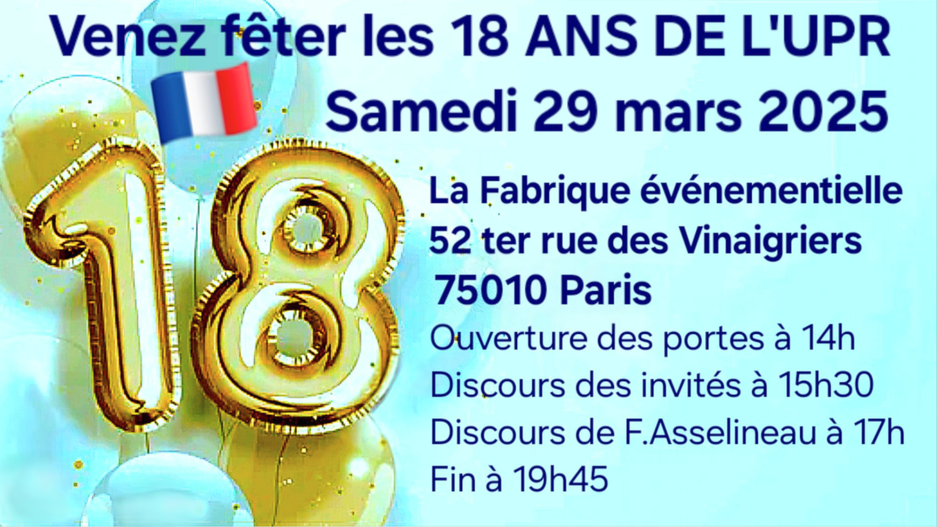 Invitation aux 18 ans de l'UPR ce samedi 29 mars 2025