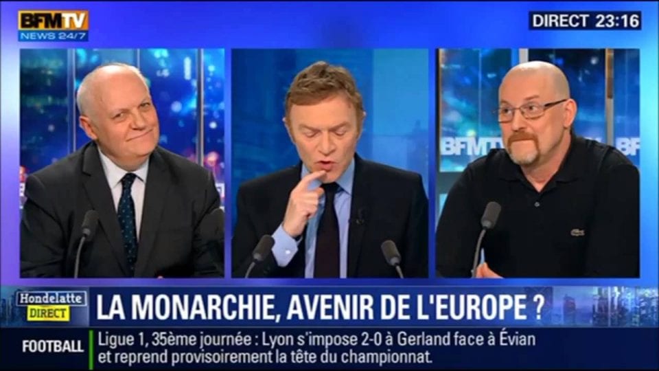 François Asselineau invité de Christophe Hondelatte sur BFM-TV, pour un débat sur le thème « Quelle place pour la monarchie en France et en Europe ? »