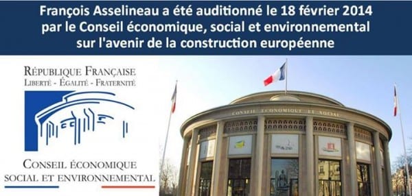 François Asselineau a été auditionné le 18 février 2014 par le Conseil économique, social et environnemental (CESE) sur l'avenir de la construction européenne