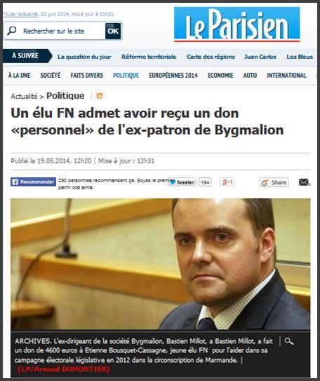 Un élu FN admet avoir reçu un don «personnel» de l'ex-patron de Bygmalion France, Un élu FN admet avoir reçu un don «personnel» de l'ex-patron de Bygmalion